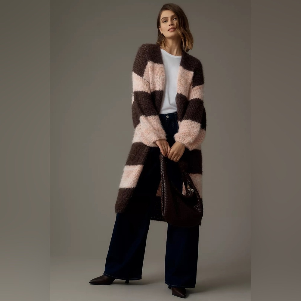 Anthropologie Striped Oversized Eyelash Cardigan Duster Sweater Pink Brown OS